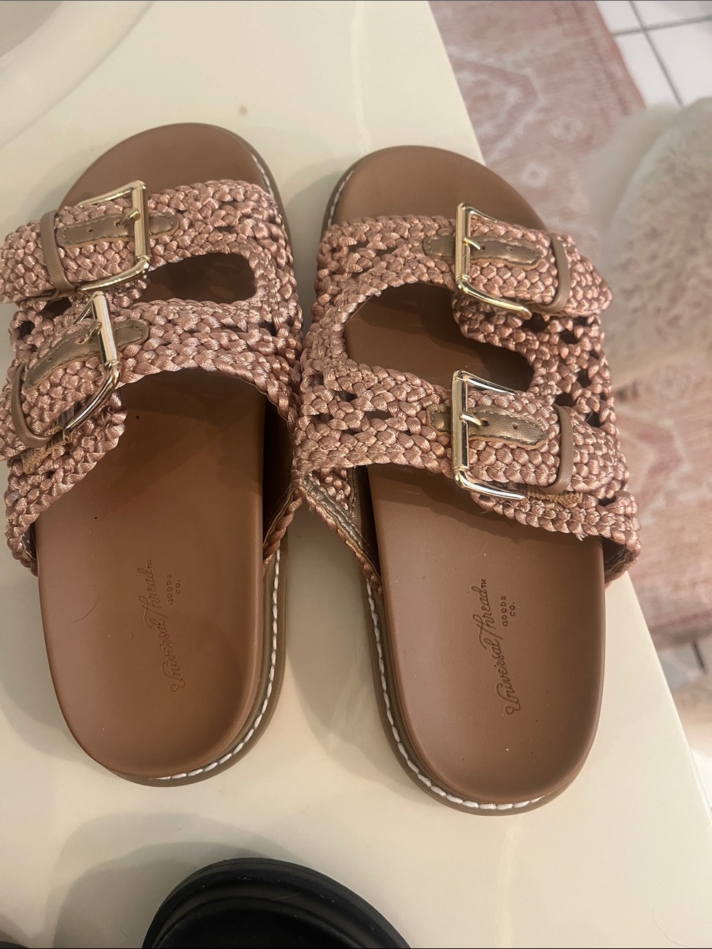 Universal Thread Braided Double-Buckle Slide Sandals in Blush Pink and Brown